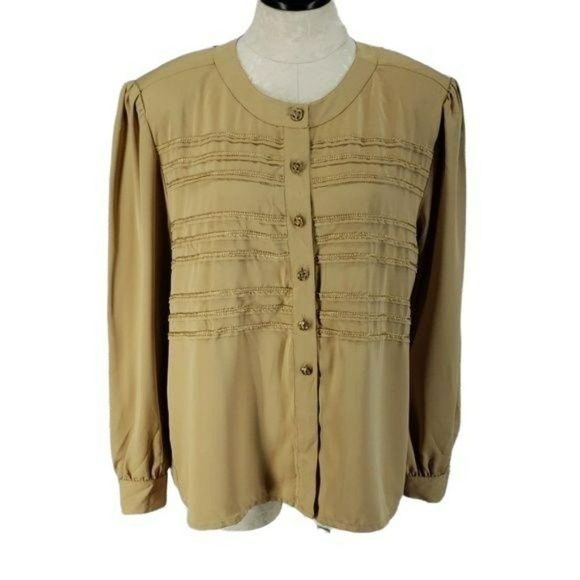 Worthington Women's Tan Ornate Button Down Long Sleeve Business Office Blouse 18 - Picture 1 of 6